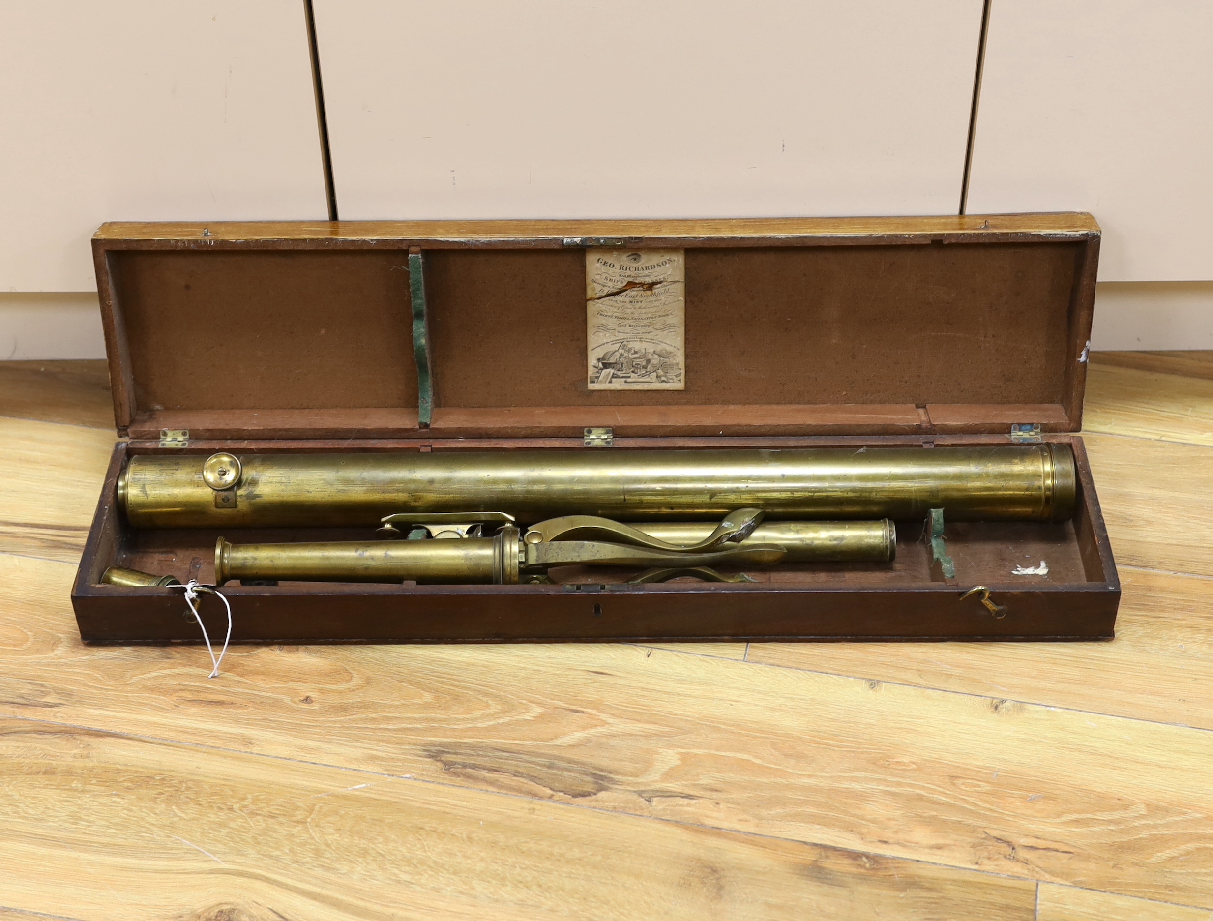 A cased Victorian brass telescope on folding tripod by George Richardson, London, case 78.5cm